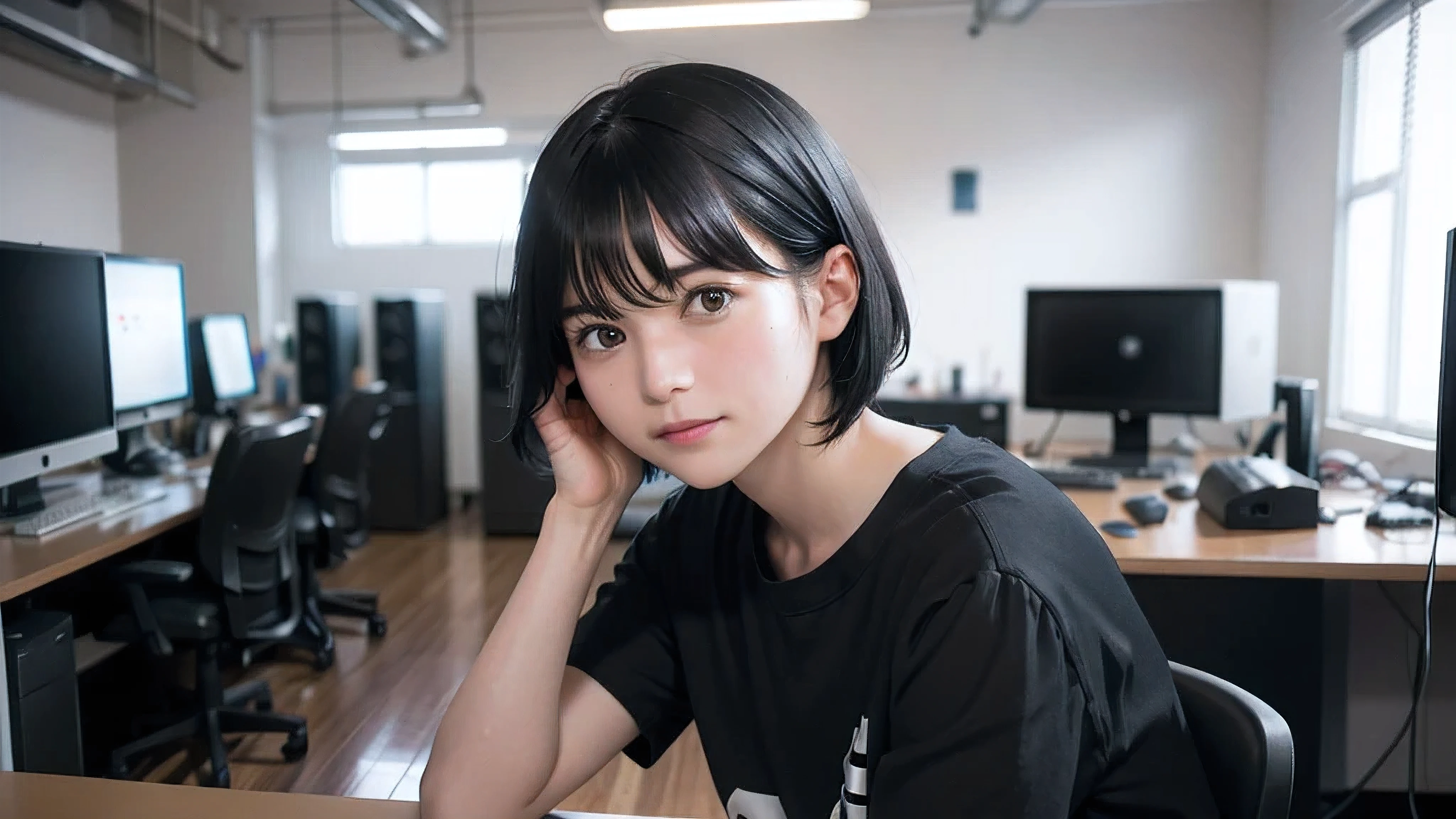 high resolution,8k,Tabletop, Highest quality, 1 Male, 40 years old, ((Black short hair)), ((Computer Lab))