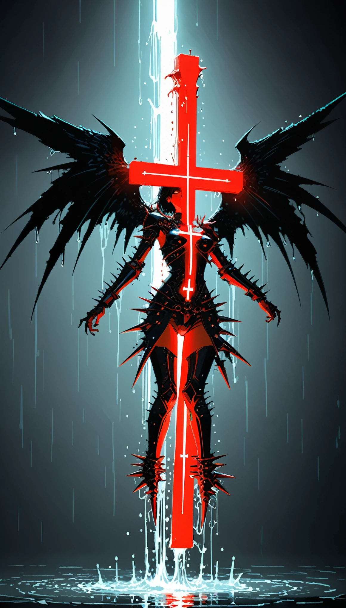 in style of Hans Hartung,in style by Kilian Eng
(1girl,character conceptual design,half body),gravure_pose,red eyes,(oversize black wings on back:1.3),glowing red fluorescent,armor,giant forearm,drops of water,waterline string,(irregular light cross spikes,all eyes know:1.8)