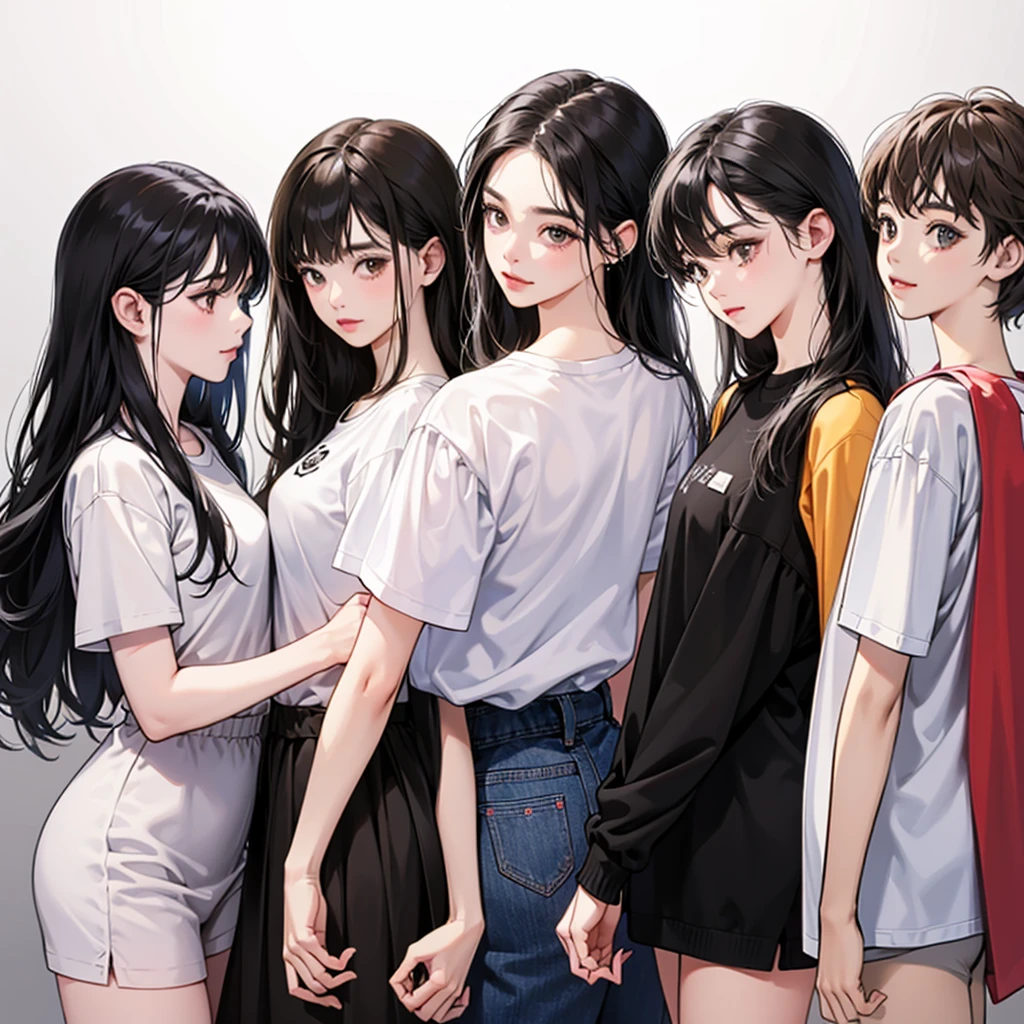 black hair, brown eyes, Sharp features, white skin, perfect, t-shirt, simple background, 4 Girls,