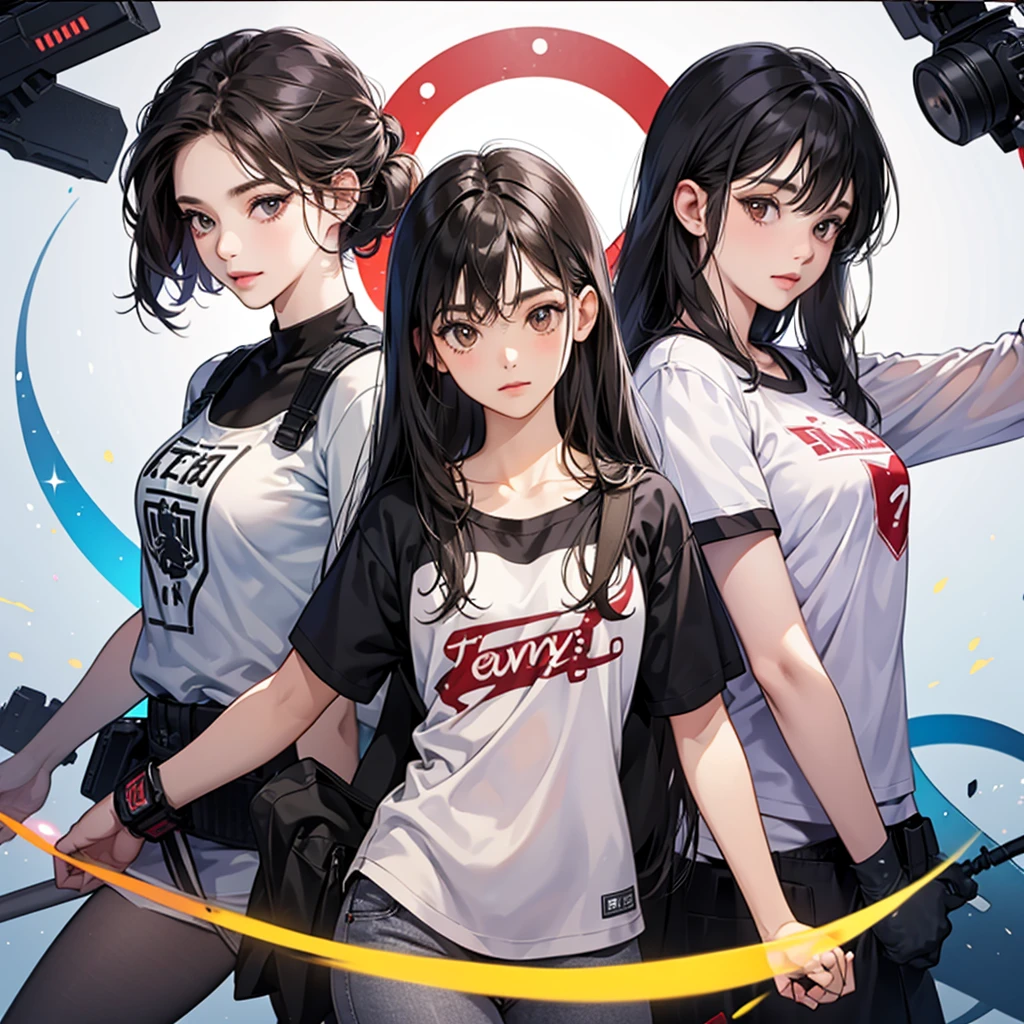 black hair, brown eyes, Sharp features, white skin, perfect, t-shirt, simple background, 4 Girls, 