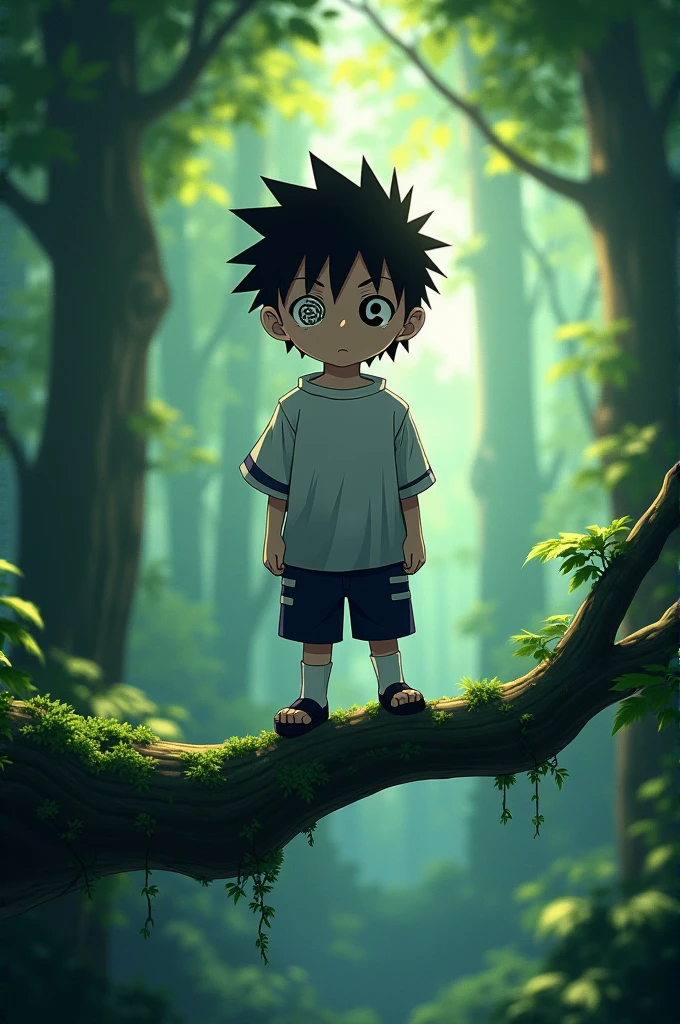 A boy, animated,one eye sharingan , one eye yin yang , in forest, on the tree branch