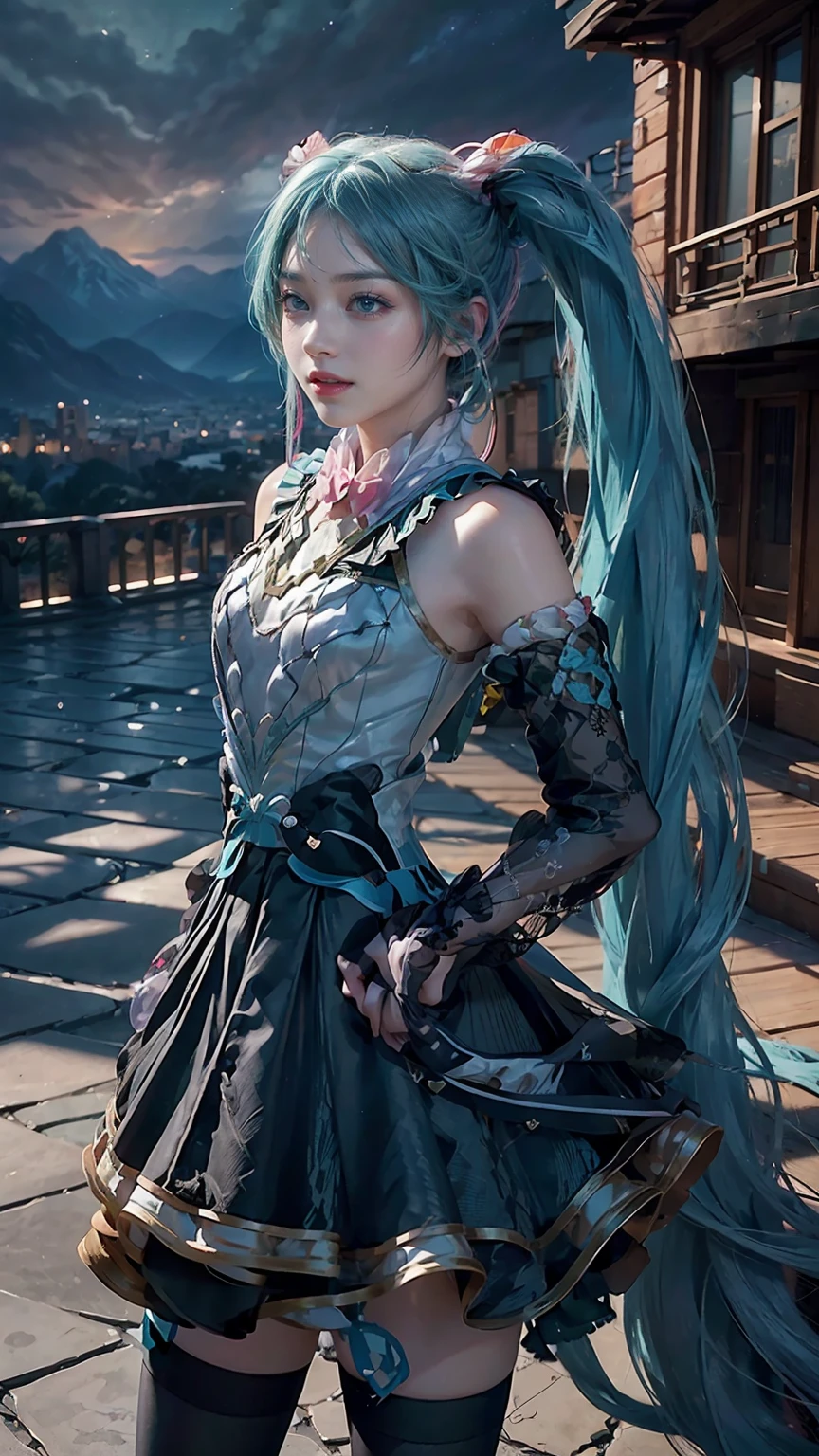 masterpiece,Game Art,Best picture quality,Maximum resolution,8k,(Upper Body,ambush),Unreal Engine 5 rendering works,Ray Tracing,RAW photos,(((Hatsune Miku Character))), (((Tosca Hair Color))), ((Long double ponytail hairstyle)), Enjoy the scenery, Focus on the Horizon, (((Perfect eyes))), (((Smile))), 21-year-old girl, Perfect body, (((Perfect anatomical structure))), Tosca Eye Color, Double eyelids, (((Small breasts))), Very detailed skin texture, (Realistic skin), Ultra-fine face, Delicate lips, (((Delicate eyes))), (((Double eyelids))), necklace, Moist skin, Wet hair, Simple background, (Front focus), (On the peaks:1.2), (((Night Atmosphere))), Deep Dark, Surrealist Portraits of Women by David Hockney and Alphonse Mucha, Fantasy Art, (((Photo-realistic))), ((Dynamic poses)), (((World Model Poses))), Dynamic Lighting, Art Station, poster, Volumetric Lighting, Very detailed faces, 4K, in the darkness, (((Night Atmosphere))), ((Deep Shadows)), Low profile, Cowboy shooting, (((Red long skirt))), Lighting Dress, (((Erotic lace dress))), (((stocking))),((3D Unreal Engine)),OC rendering reflection mode