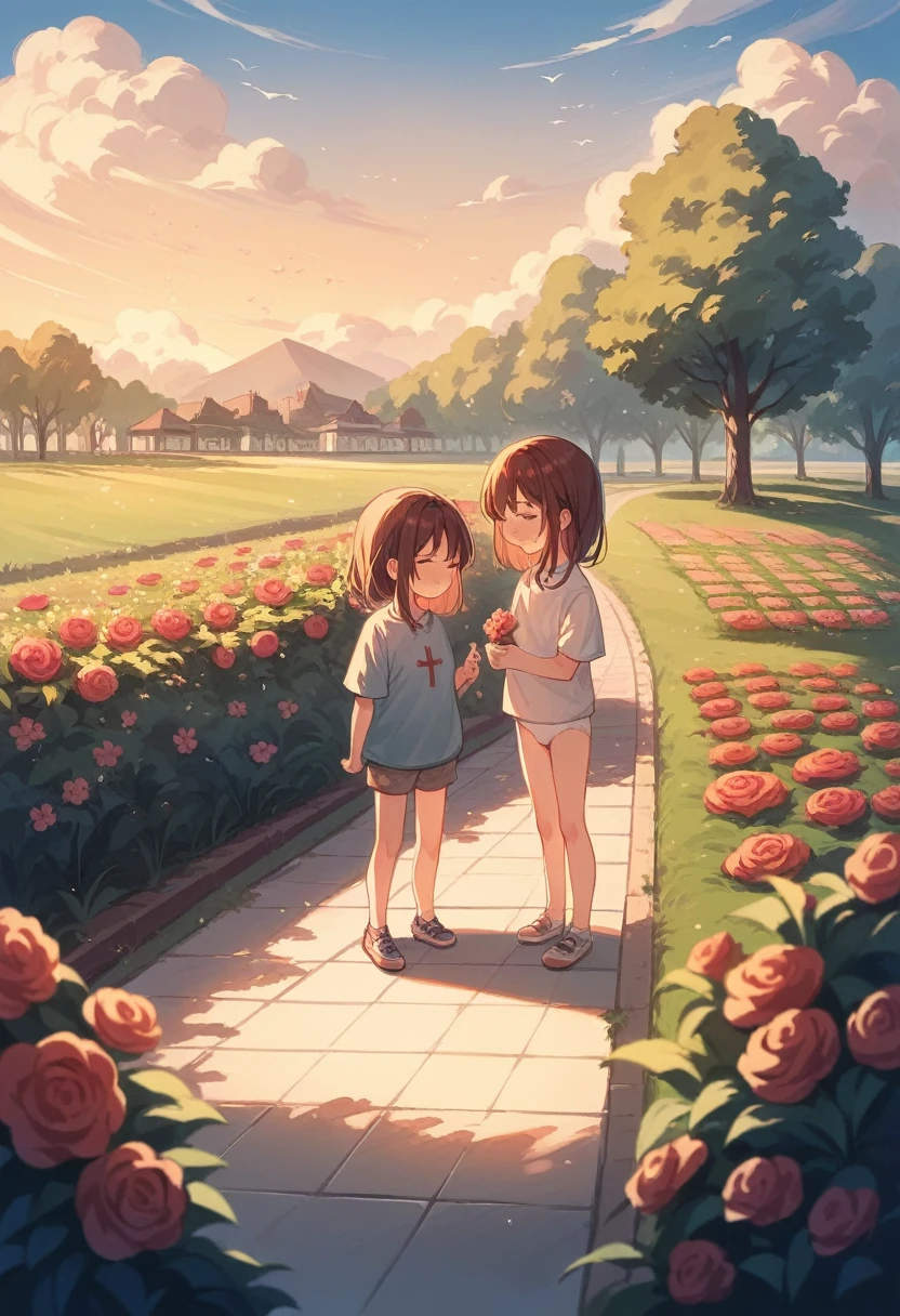 Many children, Children playing in a beautiful park, sunset, Surrounded by flowers, spring.  Red Cross, High resolution, Super sharp, 8k, masterpiece、White panties are visible、