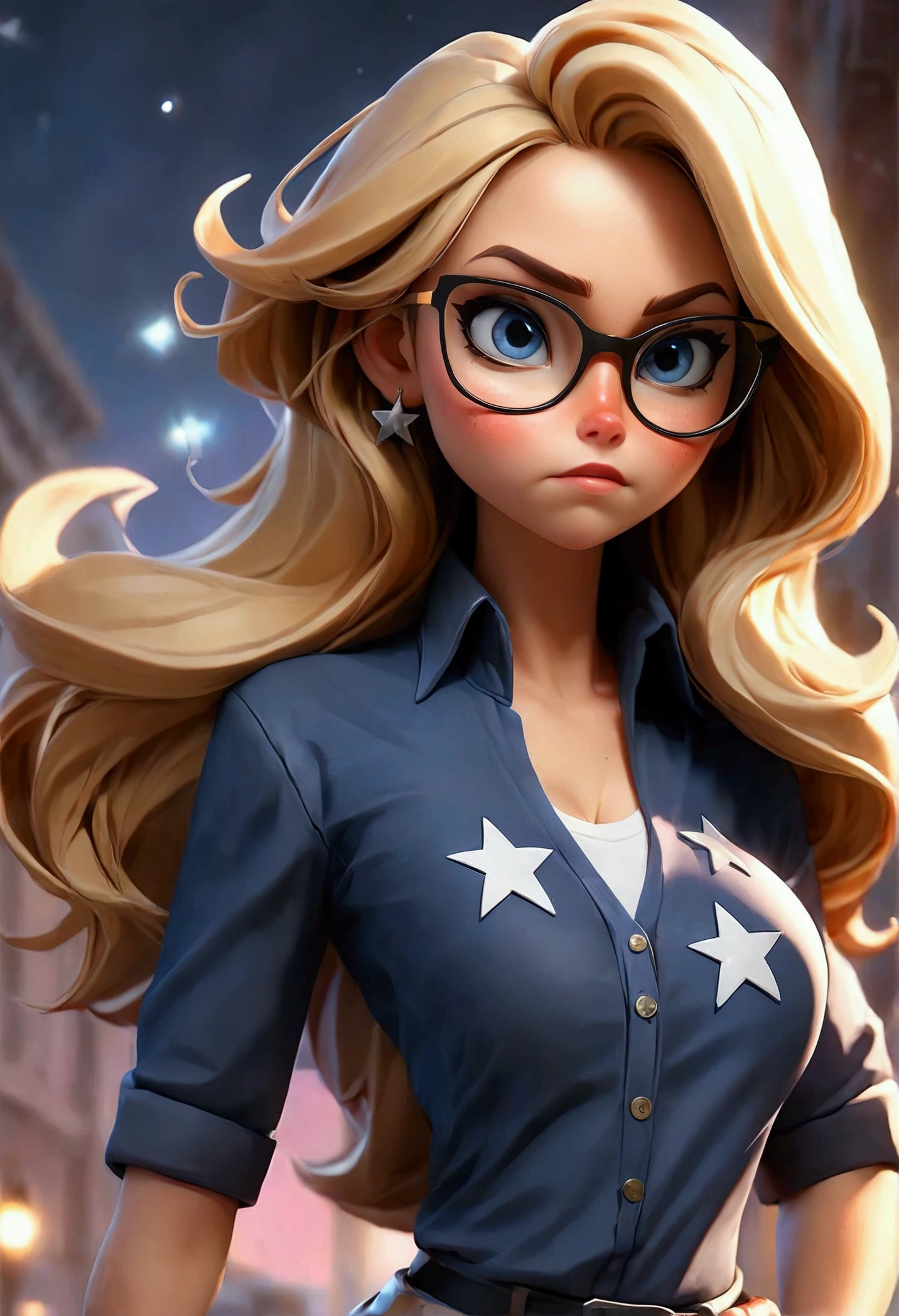 a woman (Stargirl )) (Best quality, high resolution: 1.2), Ultra-detailed, (Realistic: 1.37) brunette, medium blonde hair, blue eyes, with black glasses round small chest, 30 years, full body, ((( big boobs sexy))) logo of star