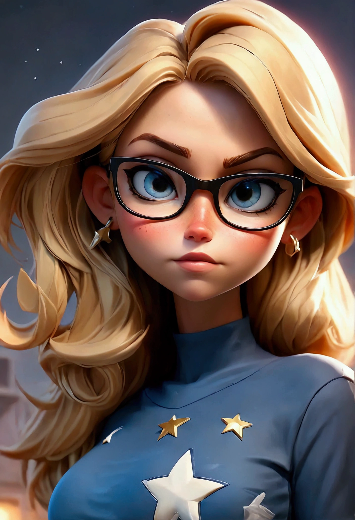 a woman (Stargirl )) (Best quality, high resolution: 1.2), Ultra-detailed, (Realistic: 1.37) brunette, medium blonde hair, blue eyes, with black glasses round small chest, 30 years, full body, ((( big boobs sexy))) logo of star