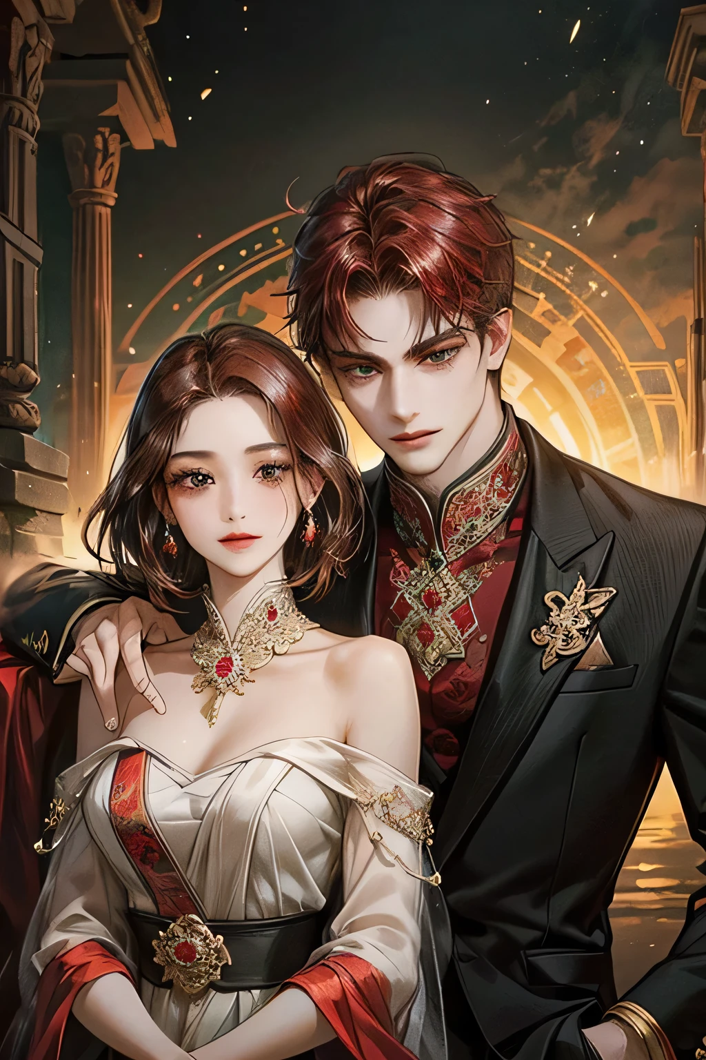 Couple, red and black hair, javanese style, masterpiece, best quality, realistic, romantic and charming, 29 years old, light black eyes, serious, extremely detailed face, smile,, ((short-right-swept dark red hair)), [ eyebrows], black suit, prambanan temple, accurate, detailed