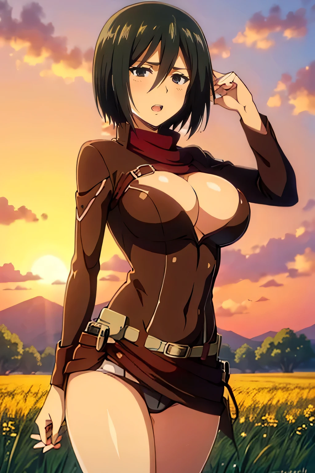 A sexy woman “mikasa” with big breasts and big ass standing in a green field , sunset background , short hair , sexy pose , ass