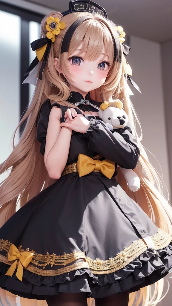 The metropolis of the future.a cute and charming,Bright eyes,a Japanese girl with long yellow wavy hair,wearing a Gothic Lolita dress,with a big yellow bow on her chest,holding a teddy bear in her arms,In the tech conference room