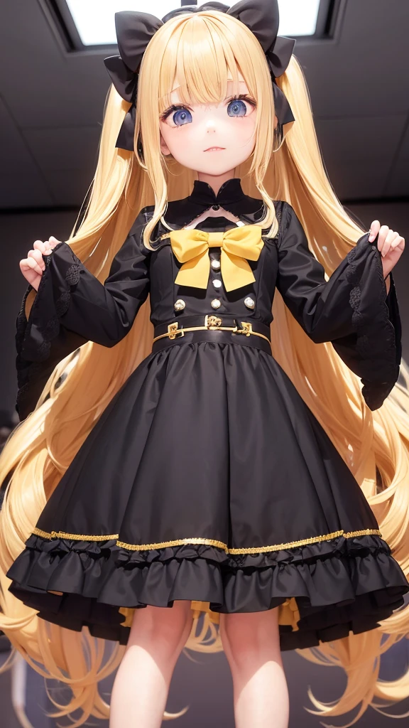 The metropolis of the future.a cute and charming,Bright eyes,a Japanese girl with long yellow wavy hair,wearing a Gothic ta dress,with a big yellow bow on her chest,holding a teddy bear in her arms,In the tech conference room