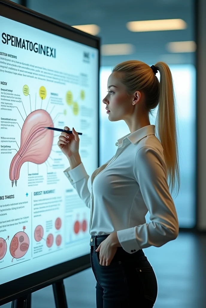 Realistic style and real women, she is Blonde with short hair, she has an hourglass figure, she has a surreal, hentai-like physique, with exaggerated curves that showcase large buttocks and voluminous breasts and she is very slim photorealiste,
On the poster, she appears in a scientist's outfit, wearing a crisp white blouse that symbolizes professionalism and rigor. Her hair is pulled back in a neat ponytail, giving her a serious yet approachable air.
She stands next to a large informative poster, featuring detailed illustrations of sperm and its production. Colorful graphics and clear diagrams show the different stages of spermatogenesis, making the subject understandable to all.
Her expression is engaging, and she points with a pen or laser pointer to key elements of the poster, while explaining the processes in a concise and educational way. The text is written in simple language, designed to inform and capture the audience's attention.
The poster's background is bright and attractive, with eye-catching graphic elements that underline the importance of the theme. The overall composition conveys an image that is both instructive and captivating, while at the same time emphasizing its expertise as a scientist.