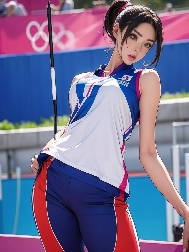 Vibrant、In a clearly focused illustration、Beautiful anime-style woman stands confidently at the Olympic shooting competition。Her slender figure is、This is emphasized by the sleeveless uniforms and sports pants.、Her dark hair is tied up in a ponytail。Thick eyebrows frame her delicate features.、It&#39;s lit with cinematic lighting.。 With a determined look in his eyes, he aimed his air pistol at the target.、The muzzle flash creates a dynamic sense of tension.。Her outstretched arms are supported by fingerless gloves、Ear defenders add realism to the scene。The Olympic venue has a subtle wind effect in the background、It further emphasizes the competitive atmosphere.。 In close-up、Her face is in perfect light、Detailed eyes feature realistic pupils that pierce the viewer。From her expression、He exudes concentration, as if he is trying to get the perfect shot.。 8K CG illustrations、With lots of little gems and subtle bokeh effects、Features highly detailed environments。The overall aesthetic is one of highly detailed realism.、There is depth and three-dimensionality、It invites viewers into the world of competitive shooting.。