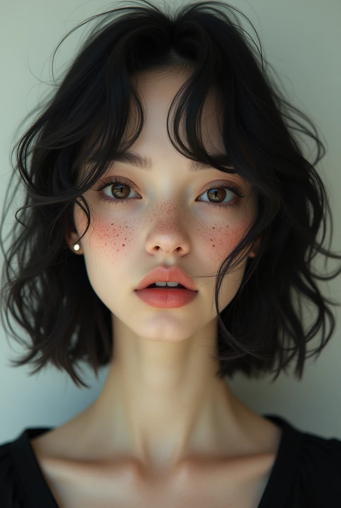 Make one with wavy black hair shoulder length, with big brown eyes, She has freckles and a beautiful mouth, pale skin and is wearing a black blouse 