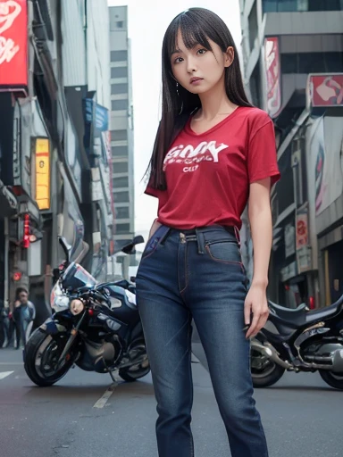 Japanese female, (underweight), (flat chest best quality:1.5), 30 years old,
city, (motorcycles), standing, hands on hips, legs spread, semi long, (red t-shirt), (jeans), in the city, (cyberpunk:1.2), full body shot, from below, ambient lighting