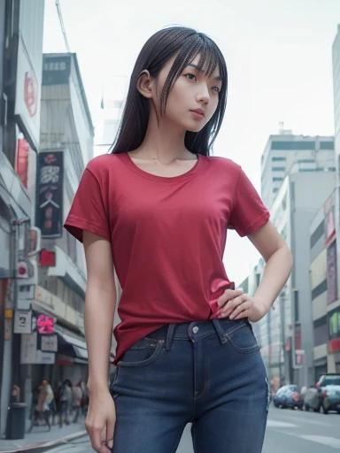 Japanese female, (underweight), (flat chest best quality:1.5), 30 years old,
city, (motorcycles), standing, hands on hips, legs spread, semi long, (red t-shirt), (jeans), in the city, (cyberpunk:1.2), full body shot, from below, ambient lighting