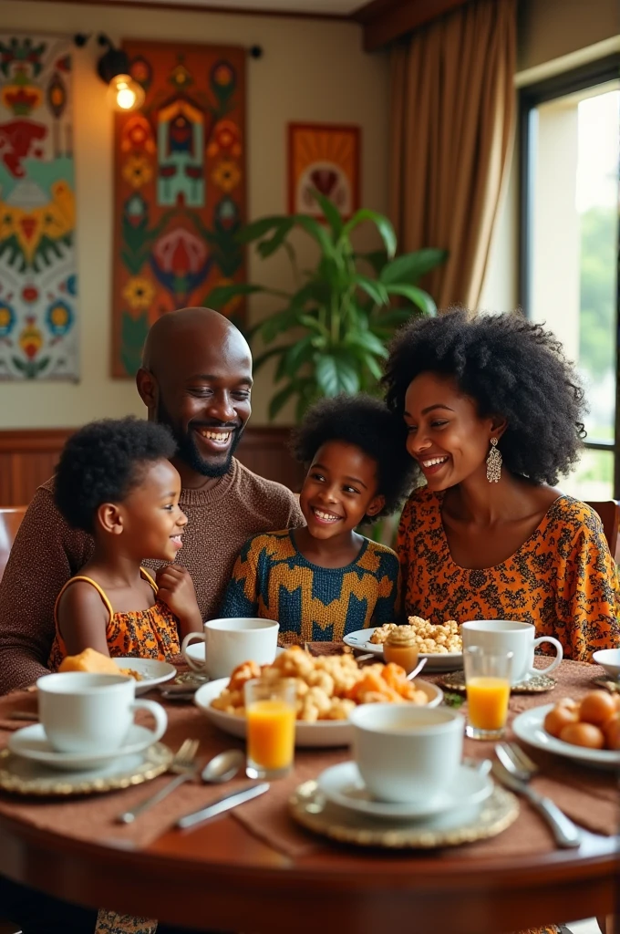 A bright image of an African family having breakfast with beautiful lightings overs their heads in a classy dining area

