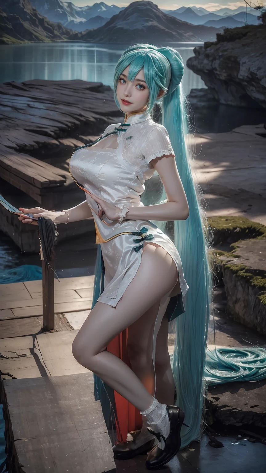 masterpiece,Game Art,Best picture quality,Maximum resolution,8k,(Upper Body,ambush),Unreal Engine 5 rendering works,Ray Tracing,RAW photos,(((Hatsune Miku Character))), (((Tosca Hair Color))), ((Long double ponytail hairstyle)), Enjoy the scenery, Focus on the Horizon, (((Perfect eyes))), (((Smile))), 21-year-old girl, Perfect body, (((Perfect anatomical structure))), Tosca Eye Color, Double eyelids, (((Small breasts))), Very detailed skin texture, (Realistic skin), Ultra-fine face, Delicate lips, (((Delicate eyes))), (((Double eyelids))), necklace, Moist skin, Wet hair, Simple background, (Front focus), (On the peaks:1.2), (((Night Atmosphere))), Deep Dark, Surrealist Portraits of Women by David Hockney and Alphonse Mucha, Fantasy Art, (((Photo-realistic))), ((Dynamic poses)), (((World Model Poses))), Dynamic Lighting, Art Station, poster, Volumetric Lighting, Very detailed faces, 4K, in the darkness, (((Night Atmosphere))), ((Deep Shadows)), Low profile, Cowboy shooting, (((Red long skirt))), Lighting Dress, (((Erotic lace dress))), (((stocking))),((3D Unreal Engine)),OC rendering reflection mode