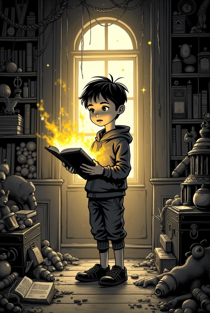 Black and white comic image
**Image Description**:
- **Foreground**: A young boy, Leo, stands in a dusty attic, holding an open, glowing leather-bound notebook. His expression is one of amazement and curiosity as the notebook emits a soft, shimmering light.
- **Middle Ground**: The attic is cluttered with old trunks, stacks of ancient books, and forgotten toys. Sunlight filters through a small, cobweb-covered window, casting a warm glow over the scene. The space is filled with a sense of history and mystery.
- **Background**: Faint, ethereal images of dinosaurs, pyramids, medieval castles, and futuristic cities subtly appear around the edges of the attic, hinting at the incredible adventures the notebook can unlock.
- **Overall Atmosphere**: Enchanting and nostalgic, with a blend of old-world charm and magical wonder. The image captures the sense of discovery and excitement associated with the notebook’s adventures, evoking a feeling of limitless possibilities and imaginative exploration.