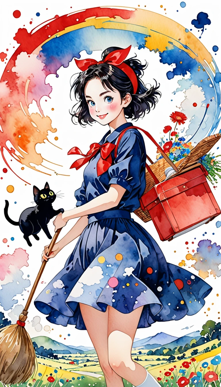 Takashi Murakami Style、(((conservative fashion))), 8K Quality、Intense watercolor, Detailed watercolor art, Watercolor splash, Surreal, avant-garde pop art, Beautiful and expressive paintings, Beautiful artwork illustration, Very colorful tones, wonderful, Cool beauty, highest quality、Official Art, Vector art, Stylish design, (((Kiki's Delivery Service1.9))),(((The most beautiful smiling girl with very large red ribbon on her head1.4))),navy dress,(((a witch on a broom))), (((picnic))),(((highest quality))), HDR, ((detailed)), (((Doodle Art)), ((masterpiece)), ((Super detailed)), (((Stylish))), small black cat,