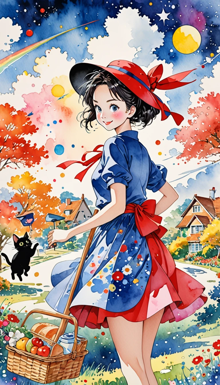 Takashi Murakami Style、(((conservative fashion))), 8K Quality、Intense watercolor, Detailed watercolor art, Watercolor splash, Surreal, avant-garde pop art, Beautiful and expressive paintings, Beautiful artwork illustration, Very colorful tones, wonderful, Cool beauty, highest quality、Official Art, Vector art, Stylish design, (((Kiki's Delivery Service1.9))),(((The most beautiful smiling girl with very large red ribbon on her head1.4))),navy dress,(((a witch on a broom))), (((picnic))),(((highest quality))), HDR, ((detailed)), (((Doodle Art)), ((masterpiece)), ((Super detailed)), (((Stylish))), small black cat,