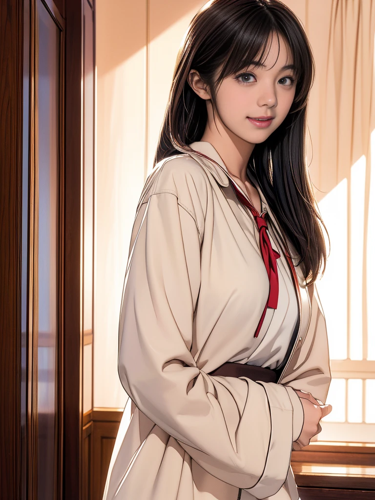 Iris, woman1名, (woman)), alone, Genuine, Highest quality, photoGenuineistic, masterpiece, 8k, High Definition, alone, HDTV Face, Soft lighting, Bedroom, ((Daytime)), null, (looking at the camera), (Portraiture: 0.6), whole body, (Medium Hair), ponytail, Brown Hair, Floating Hair, lips, lipstick, seductive smile, Floating Hair, smile, Open your mouth, teeth, eyelash, Nogizaka46, Tada Moeka, Akari Suda, Idol, beautiful girl, ((uniform)), (((Are standing))
