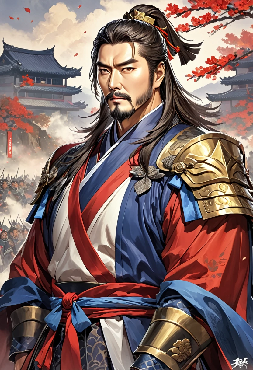 Three Kingdoms Cao Cao, middle aged man, charisma, leader, handsome, 중국 의상, 중국 갑옷