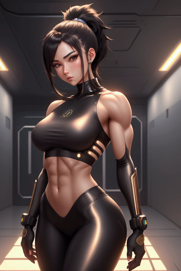 (Hiperreal) anime girl with coal hair (ponytail hairstyle), half-nude, hair sticking out on the sides, looking at the viewer, full-length pose, sexy, Perfect body with golden ratio, wearing (tight shirt:1.2), beautiful detailed face, (attractive fitness woman:1.3), (seductive:1.1), (blushing:1.1), hourglass body shape, big round breasts, (sci-fi space station room), cyberpunk, cute, soft atmospheric lighting, (dimmed), futuristic details in background, high-quality illustration, ultra-detailed, stylish and elegant demeanor, high detail
