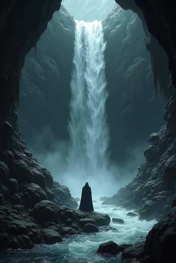 dark medieval cavern with a waterfall and a figure in the background!