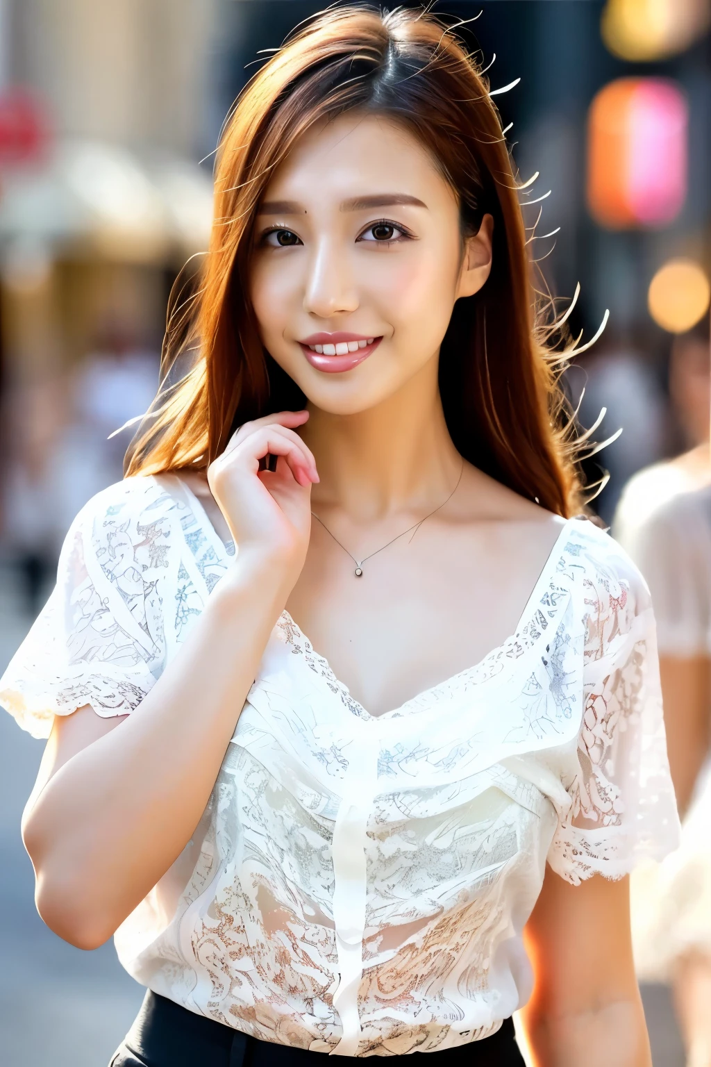 (Highest quality、masterpiece、8k、Best image quality、Award-winning works)、1 female、(Elegant white lace short sleeve blouse:1.3)、(A smile that gazes at me:1.2)、Upper body photo、Accentuate your body lines、(Standing Elegantly:1.1)、(Accurate anatomy:1.1)、Glowing Skin、(A strongly blurred background of the Harajuku streetscape:1.3)、very bright and vivid、明るくGlowing Skin、(Strongly blurred background:1.2)、Perfect Makeup、Long eyelashes、Bright lipstick、Glossy Lips、Ultra HD glossy skin、Ultra-high resolution, bright and beautiful skin、超高精細のGlossy Lips、Ultra-high resolution beautiful teeth、(nose:1.2)