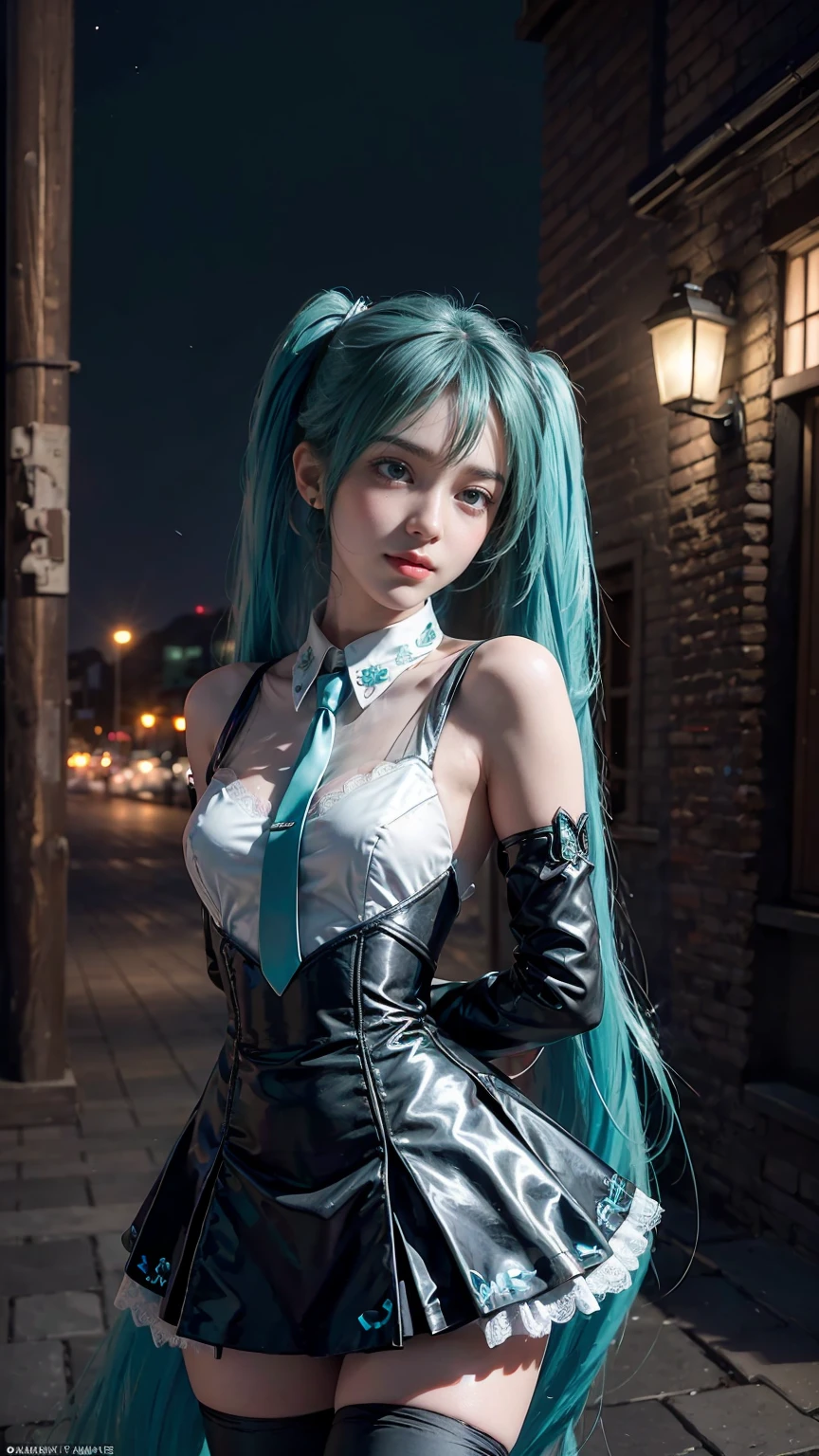 masterpiece,Game Art,Best picture quality,Maximum resolution,8k,(Upper Body,ambush),Unreal Engine 5 rendering works,Ray Tracing,RAW photos,(((Hatsune Miku Character))), (((Tosca Hair Color))), ((Long double ponytail hairstyle)), Enjoy the scenery, Focus on the Horizon, (((Perfect eyes))), (((Smile))), 21-year-old girl, Perfect body, (((Perfect anatomical structure))), Tosca Eye Color, Double eyelids, (((Small breasts))), Very detailed skin texture, (Realistic skin), Ultra-fine face, Delicate lips, (((Delicate eyes))), (((Double eyelids))), necklace, Moist skin, Wet hair, Simple background, (Front focus), (On the peaks:1.2), (((Night Atmosphere))), Deep Dark, Surrealist Portraits of Women by David Hockney and Alphonse Mucha, Fantasy Art, (((Photo-realistic))), ((Dynamic poses)), (((World Model Poses))), Dynamic Lighting, Art Station, poster, Volumetric Lighting, Very detailed faces, 4K, in the darkness, (((Night Atmosphere))), ((Deep Shadows)), Low profile, Cowboy shooting, (((Red long skirt))), Lighting Dress, (((Erotic lace dress))), (((stocking))),((3D Unreal Engine)),OC rendering reflection mode