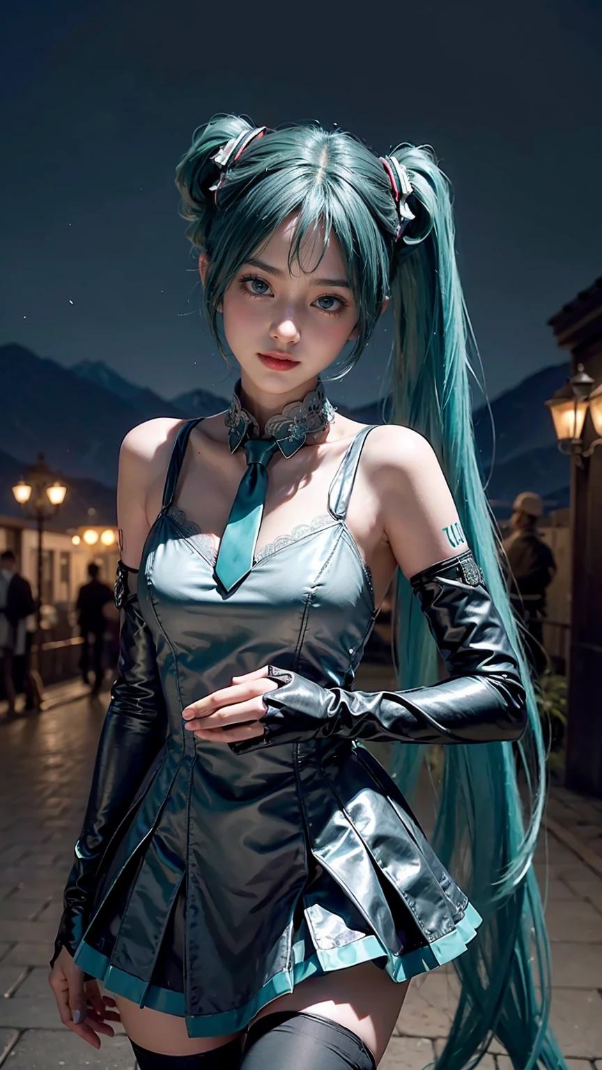masterpiece,Game Art,Best picture quality,Maximum resolution,8k,(Upper Body,ambush),Unreal Engine 5 rendering works,Ray Tracing,RAW photos,(((Hatsune Miku Character))), (((Tosca Hair Color))), ((Long double ponytail hairstyle)), Enjoy the scenery, Focus on the Horizon, (((Perfect eyes))), (((Smile))), 21-year-old girl, Perfect body, (((Perfect anatomical structure))), Tosca Eye Color, Double eyelids, (((Small breasts))), Very detailed skin texture, (Realistic skin), Ultra-fine face, Delicate lips, (((Delicate eyes))), (((Double eyelids))), necklace, Moist skin, Wet hair, Simple background, (Front focus), (On the peaks:1.2), (((Night Atmosphere))), Deep Dark, Surrealist Portraits of Women by David Hockney and Alphonse Mucha, Fantasy Art, (((Photo-realistic))), ((Dynamic poses)), (((World Model Poses))), Dynamic Lighting, Art Station, poster, Volumetric Lighting, Very detailed faces, 4K, in the darkness, (((Night Atmosphere))), ((Deep Shadows)), Low profile, Cowboy shooting, (((Red long skirt))), Lighting Dress, (((Erotic lace dress))), (((stocking))),((3D Unreal Engine)),OC rendering reflection mode