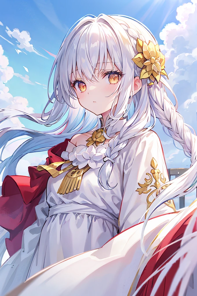 Best Quality, masutepiece,White hair, Gold eyes,White clothes, Looking Up, Upper body,Strands of hair,Fair skin,side braids