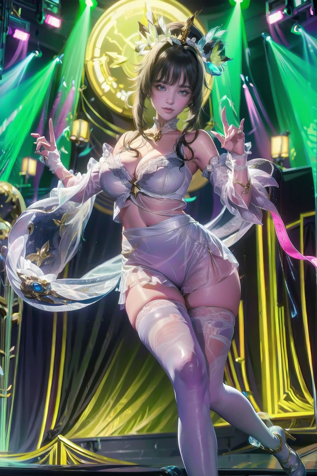 young and beautiful person,(Highest quality,Extremely detailed depiction,Incredible high resolution,Anatomically accurate depiction,Nice hands, Perfect Fingers,Curvy Legs),(Glowing Skin,Glowing Skin),(Very cute idol),(Cute idol costumes,Black leather jacket:1.3,Cute hairstyle,tights,Choker of Hearts,boots,Strong gloss,),eyelash,(bright pink eyes,There is cleavage in the chest,Captivating smile,Glossy Lips,Seductive gestures),Sweat,Laughing with your mouth open、dol Costumes、Knee-high socks、Beautiful big boobs、Live Stage、sing、Dancing、