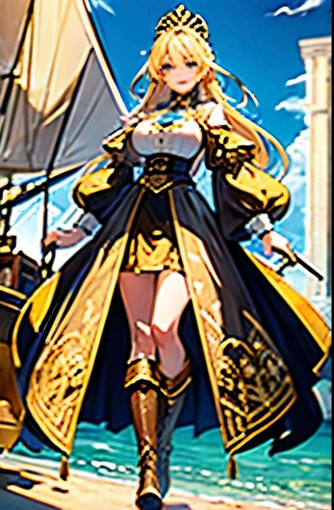 Blonde beauty with big breasts，Wearing a medieval European princess dress，Holding a parasol embroidered with a sailboat，Brown and gold dress，Leather knee-high boots with laces，Blue pupils，Confident smile，big sister，Thousands of cannons roared behind.，Wear sunglasses