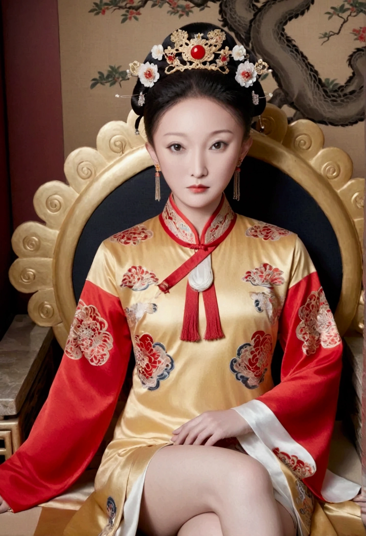 A gorgeous empress from the Chinese imperial court during the Qing Dynasty, fully naked on a large golden sofa, spreading one&#39;s legs open wide with knees bent,creating the shape of the letter M（Porn Pose） A gorgeous Chinese imperial empress with her hair tied on both sides and wearing a crown、Background of kinky and erotic woman tying her hair、The story is set in the luxurious rooms of an empress in the Chinese imperial court during the Qing dynasty.。