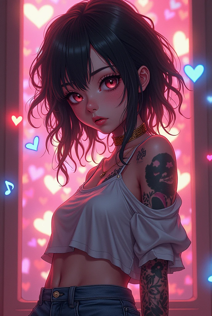 cute anime character girl, messy wavy hair, cross-shaped pupils, wearing loose baggy hip-hop fashion, attractive and seductive face, make-up, covered in tattoos, superlative body proportion, background another dimension, notes effects, star effects, heart effects, glitter effects, 2.5D, delicate and dynamic, graphic CG digital art