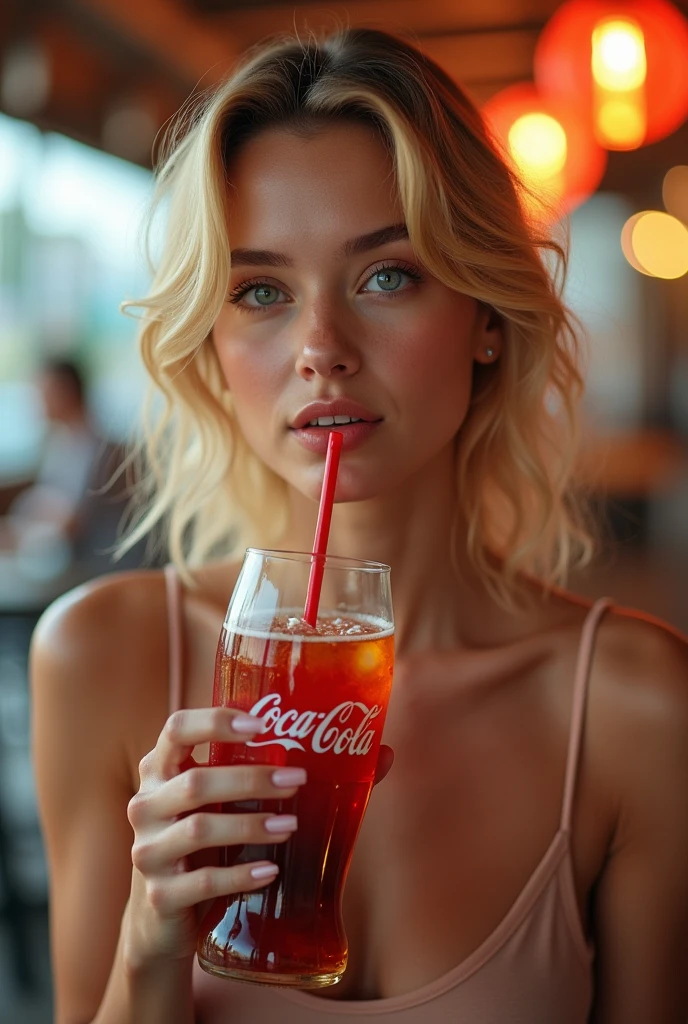 Beautiful girl modern fashion drink Coca-Cola, Film Style,8K resolution, Soft lighting,Super detail in skin and hair texture, Eye,nose, Realistic mouth details,Blonde Hair