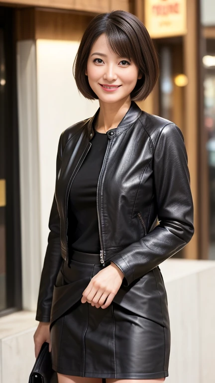 最high quality, 8k, Vibrant, Sharp focus, high quality, High resolution, Middle-aged women, Mature Woman, 55 years old, (Whole Body Ezbian), (High heels face detail, Highly detailed eyes, Plump figure、Plump face、((big 1.6))、(((Large Breasts)))、((Black leather clothing))、bustling street、Random Hairstyles、A kind smile、(Leather Fashion、leather jacket、Leather skirt、boots、)、