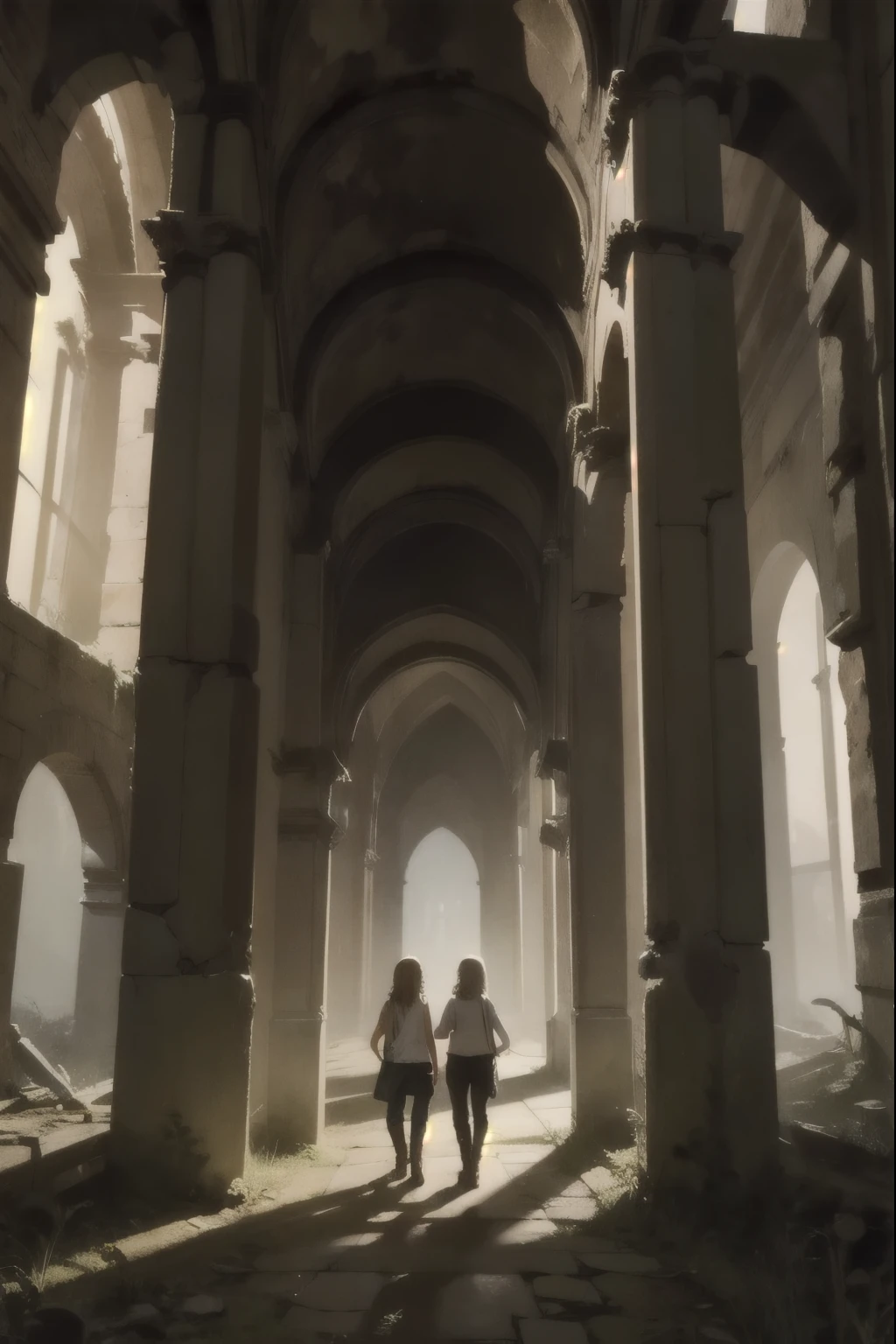 two fifteen-year-old girls and a nine-year-old girl explore a ruined abbey, dark atmosphere, spooky place, darkness, eerie shadows, ancient ruined medieval frescoes on the walls, wearing trousers and boots