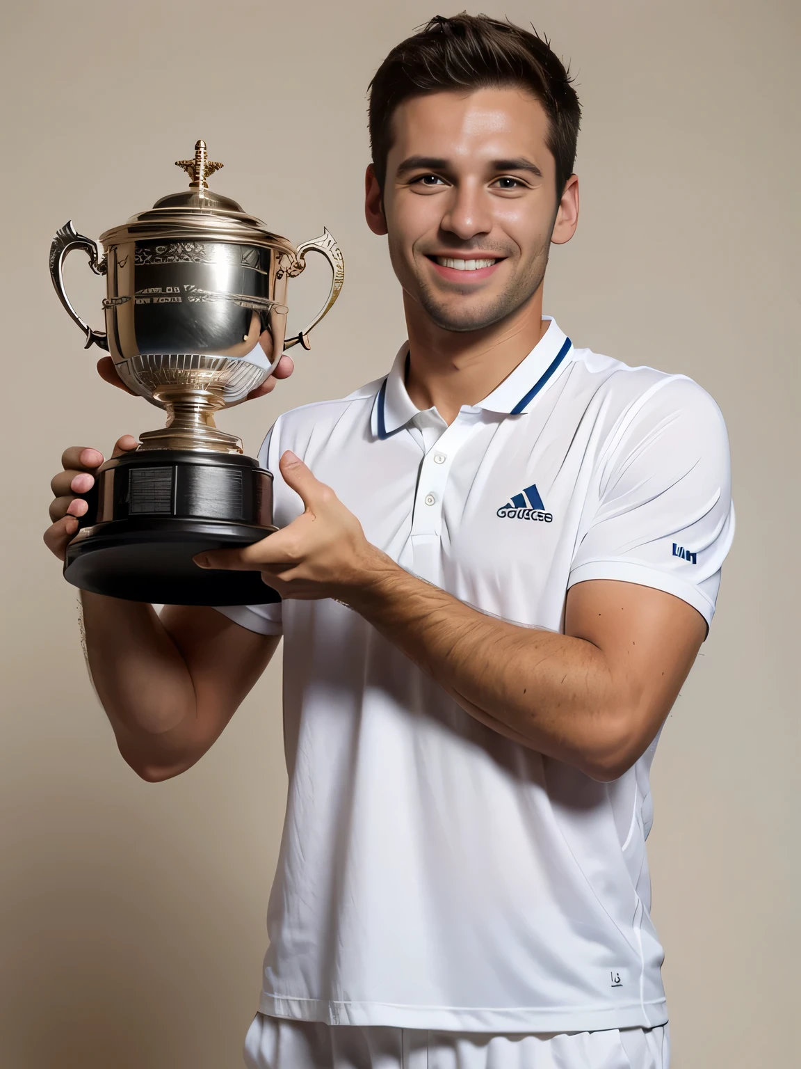 A happy Spanish tennis player in a white uniform holds the US Open trophy by the bottom in his hand, white background, studio photo