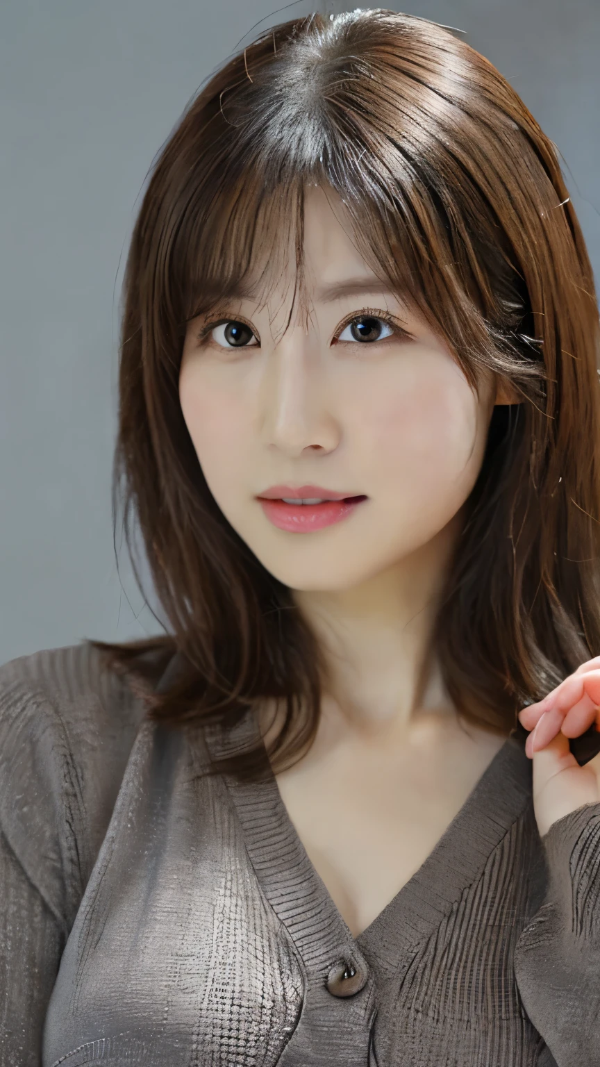 (Representative works:1.3)、(8k、Realistic、RAW Photos、Best image quality:1.4)、(30 year old mature woman)、Small face、Beautiful Face、(Realistic Face)、No makeup、Natural Makeup、light makeup、 (Dark brown、short hair:1.3)、Beautiful hairstyle、Realistic eyes、Beautiful attention to detail、 (Realisticな肌)、Beautiful Skin、 (sweater),,Bust B cup、 Confused、 charm, 超High resolution, Ultra-realistic, High resolution, Golden ratio FF Tifa、Gray background、
