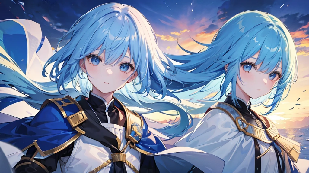 A girl with straight, blue hair, a member of the Knights.。His face is shining。