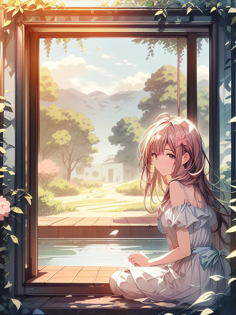 Vibrant, animated landscape illustration featuring a serene lakeside path. The layout includes a wooden walkway bordered by a wooden fence on the right, leading into the distance. On the left, a large tree with pink cherry blossoms extends its branches over the path, with petals gently falling. The lake on the right reflects the clear blue sky and surrounding greenery. In the background, there are lush green hills and a towering mountain with a snow-capped peak. The overall color palette is bright and vivid, with rich greens, blues, and pinks. The image exudes a peaceful and idyllic atmosphere.
