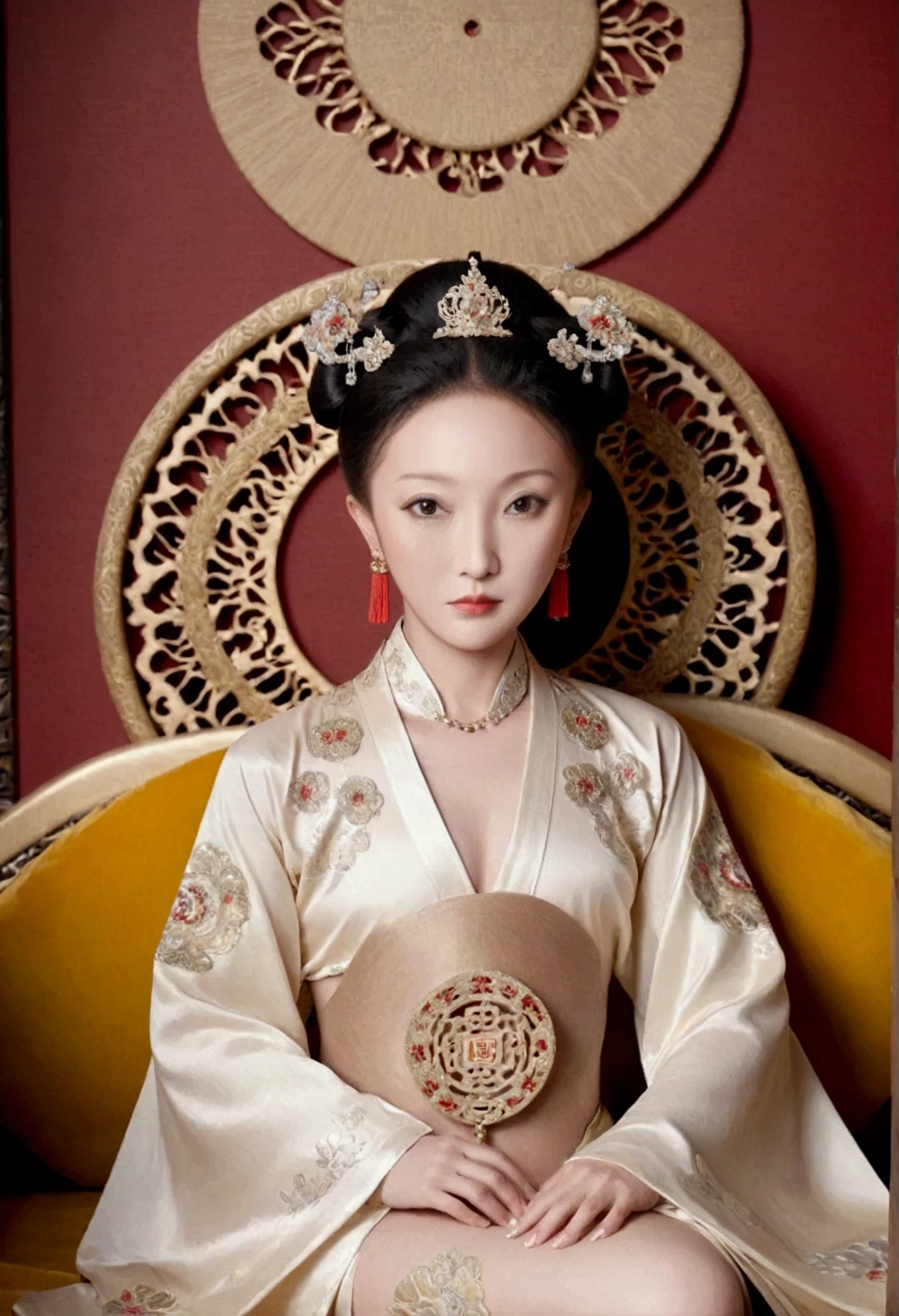 A gorgeous empress from the Chinese imperial court during the Qing Dynasty, fully naked on a large golden sofa, spreading one&#39;s legs open wide with knees bent,creating the shape of the letter M（Porn Pose） A gorgeous Chinese imperial empress with her hair tied on both sides and wearing a crown、Background of kinky and erotic woman tying her hair、The story is set in the luxurious rooms of an empress in the Chinese imperial court during the Qing dynasty.。