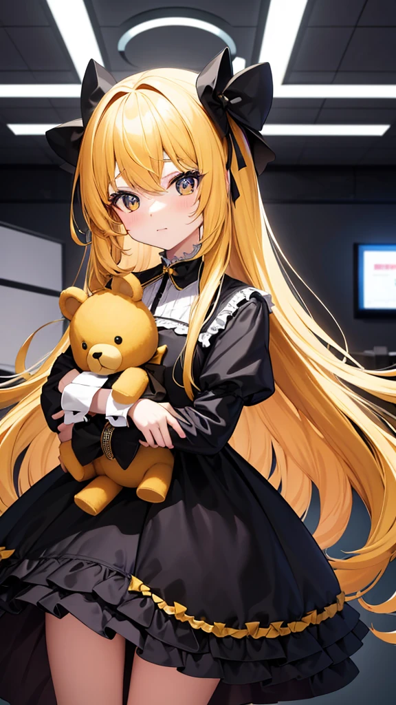 The metropolis of the future.a cute and charming,Bright eyes,a Japanese girl with long yellow wavy hair,wearing a Gothic Lolita dress,with a big yellow bow on her chest,holding a teddy bear in her arms,In the tech conference room