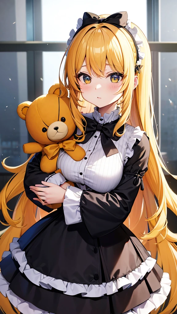 The metropolis of the future.a cute and charming,Bright eyes,a Japanese girl with long yellow wavy hair,wearing a Gothic Lolita dress,with a big yellow bow on her chest,holding a teddy bear in her arms,In the tech conference room