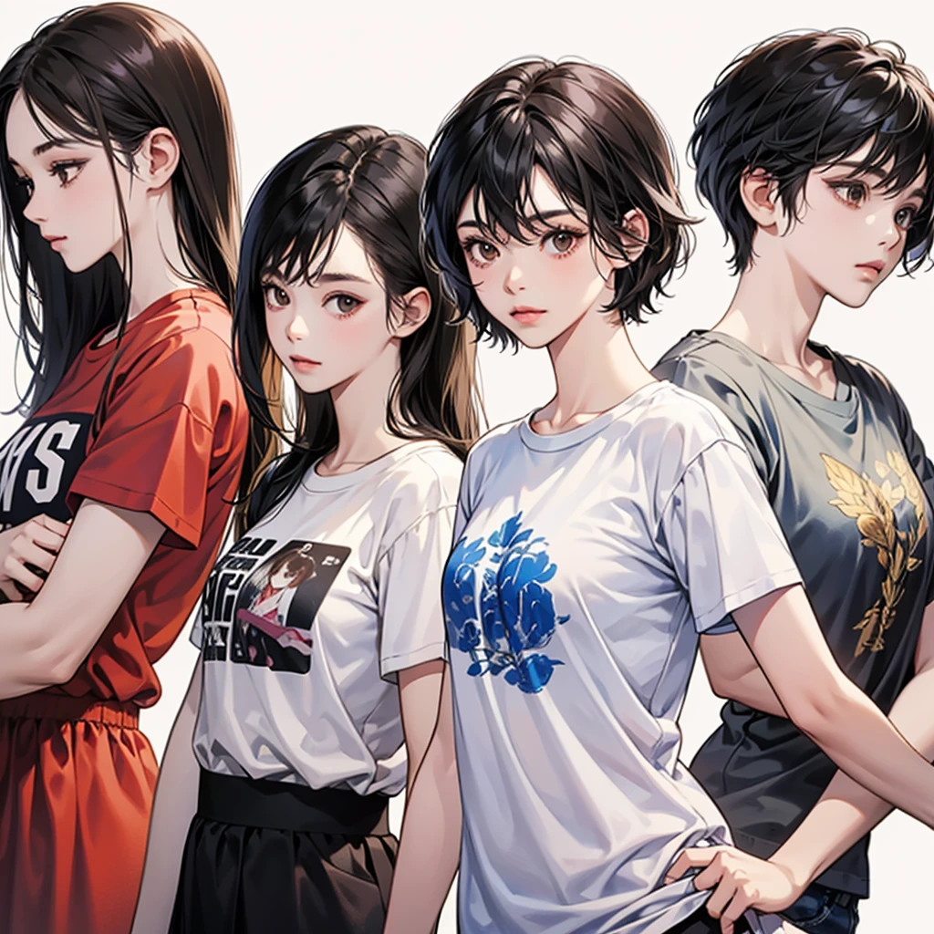 black hair, brown eyes, Sharp features, white skin, perfect, t-shirt, simple background, 4 Girls,