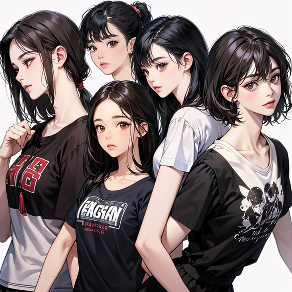 black hair, brown eyes, Sharp features, white skin, perfect, t-shirt, simple background, 4 Girls, 