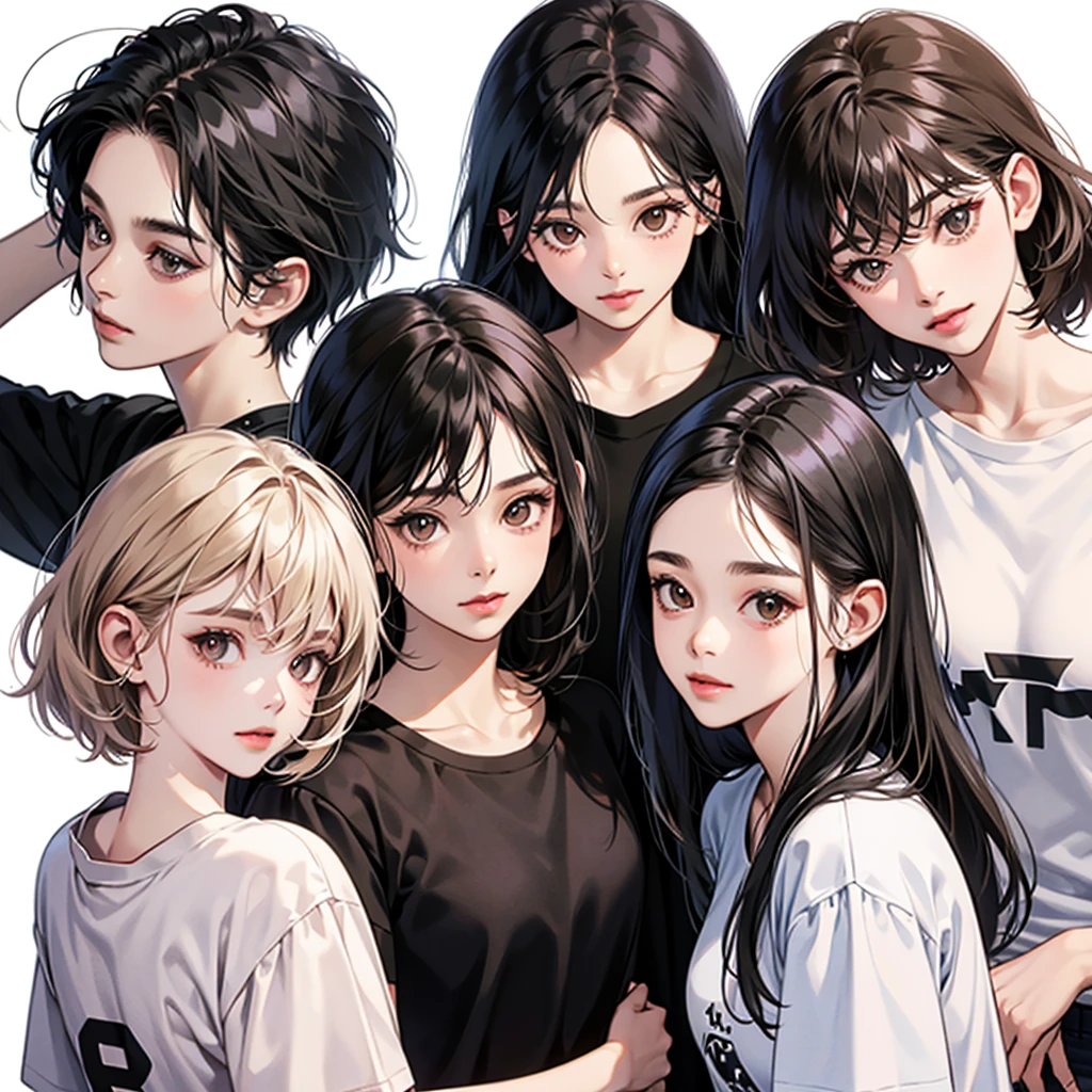 black hair, brown eyes, Sharp features, white skin, perfect, t-shirt, simple background, 4 Girls,