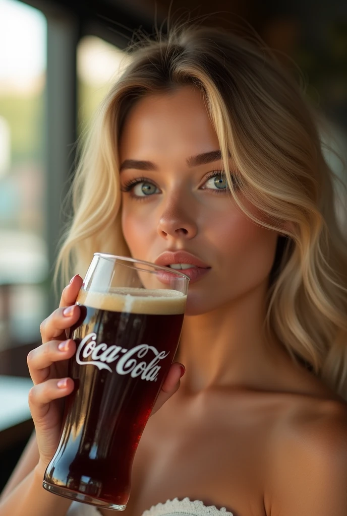 Beautiful girl modern fashion drink Coca-Cola, Film Style,8K resolution, Soft lighting,Super detail in skin and hair texture, Eye,nose, Realistic mouth details,Blonde Hair