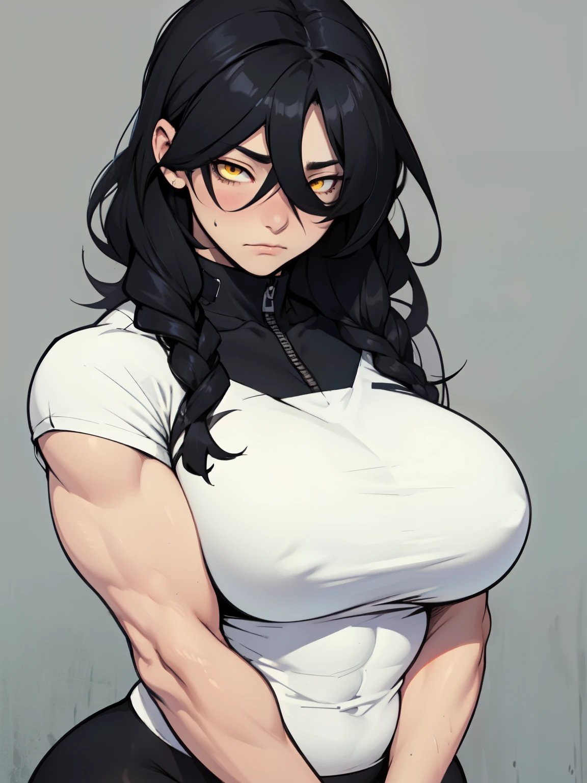 solo muscular girl muscular girl muscular girl thick thick thick  breastss massivblack hair yellow eyes pale skin embarrassed empty eyes sad
